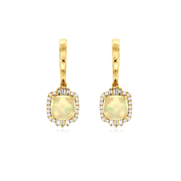 14K Yellow Gold Huggie Hoop Earrings with Opal Drop & Diamond Ballerina Halos. Bichsel Jewelry in Sedalia, MO. Shop styles online or in-store today! 