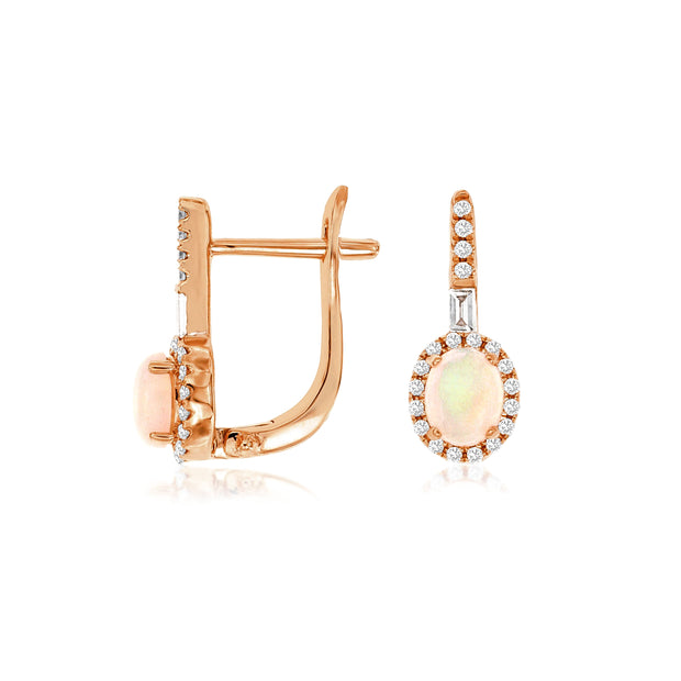 14K Rose Gold Oval Opal Hoop Earrings with Diamond Halos & Accent Diamonds. Bichsel Jewelry in Sedalia, MO. Shop online or in-store today! 