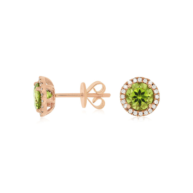 14K Rose Gold Round 1.90ct Peridot Stud Earrings with Diamond Halos. Bichsel Jewelry in Sedalia, MO. Shop gemstone earrings online or in-store today!