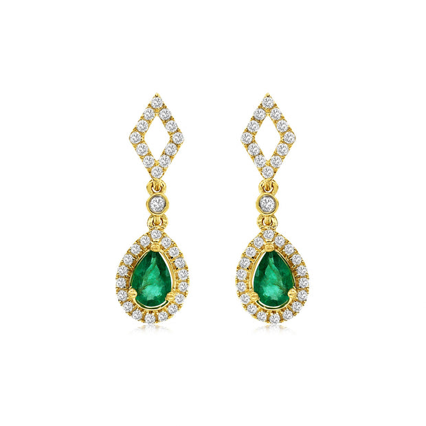 14K Yellow Gold Pear Shape Emerald & Round Diamond Dangle Earrings. Bichsel Jewelry in Sedalia, MO. Shop gemstone earrings online or in-store today! 
