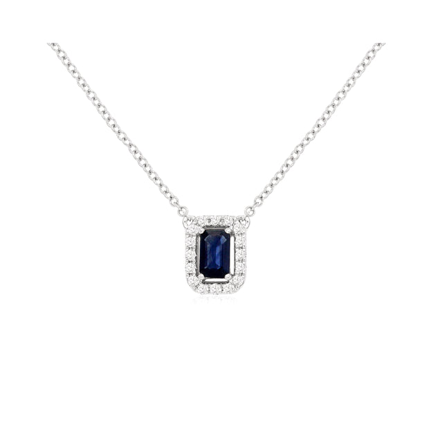 14K White Gold 0.37ct Emerald Cut Blue Sapphire Necklace with Round Diamond Halo. Bichsel Jewelry in Sedalia, MO. Shop online or in-store today! 