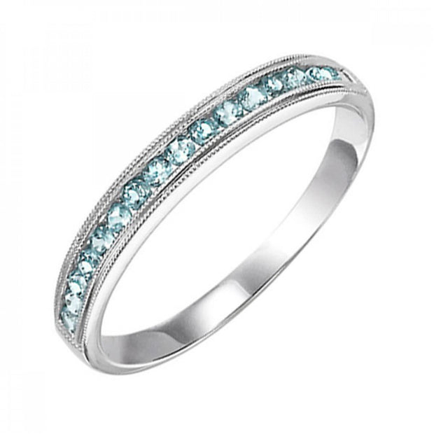 10K White Gold 0.33ct Round Blue Topaz Stackable Band with Milgrain Edge. Bichsel Jewelry in Sedalia, MO. Shop birthstone rings, mother's rings, and gemstone styles.