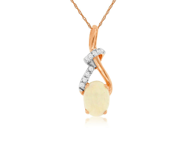 14K Rose Gold Oval 0.50ct Opal Twist Pendant with Round Diamond Accents. Bichsel Jewelry in Sedalia, MO. Shop opal styles online or in-store today! 