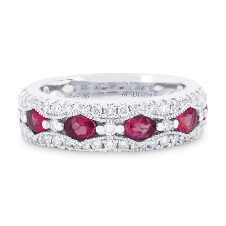 14K White Gold Vintage-Inspired Oval 1.61ct Ruby & Round 0.47ct Diamond Ring. Bichsel Jewelry in Sedalia, MO. Shop gemstone ring styles online or in-store today!