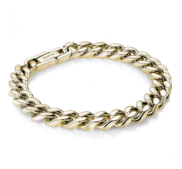 9.4mm Premium 316L Grade Stainless Steel Curb Link Bracelet with Gold Ion Plating, 8.5". Men's Jewelry in Sedalia, MO. Shop chain styles online or in-store today!