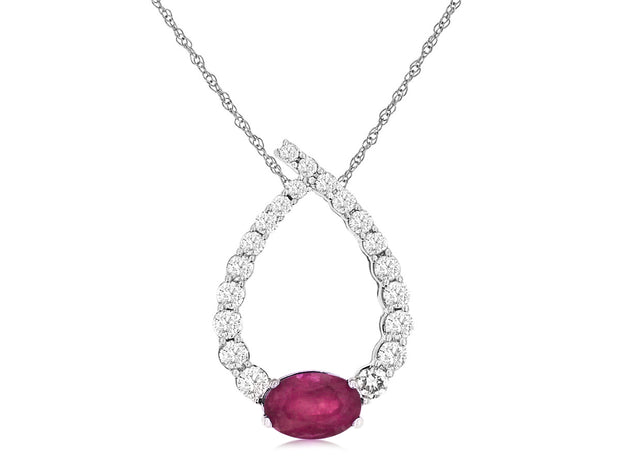 14K White Gold 0.56ct Oval Ruby & 0.33ct Round Diamond Drop Necklace. Bichsel Jewelry in Sedalia, MO. Shop gemstone styles online or in-store today! 