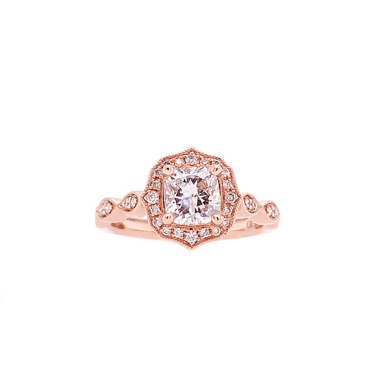 14K Rose Gold Vintage-Style 0.80ct Cushion Cut Diamond Engagement Ring with 0.17ct Halo & Accent Band. Bichsel Jewelry in Sedalia, MO. Shop online or in-store today!
