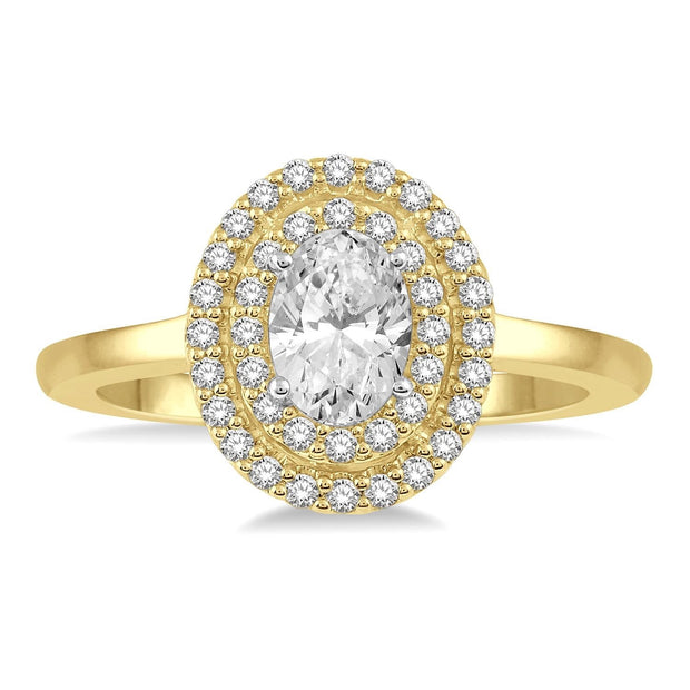 14K Yellow Gold 0.80ct Oval Diamond Engagement Ring with Double Halo. Bichsel Jewelry in Sedalia, MO. Shop ring styles online or in-store today!