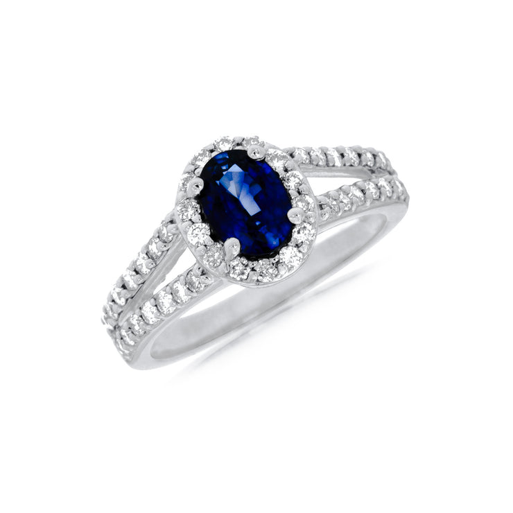 14K White Gold 1ct Sapphire Ring with 0.65ct Round Diamond Halo & Side Diamonds. Bichsel Jewelry in Sedalia, MO. Shop rings online or in-store today! Free ring sizing.