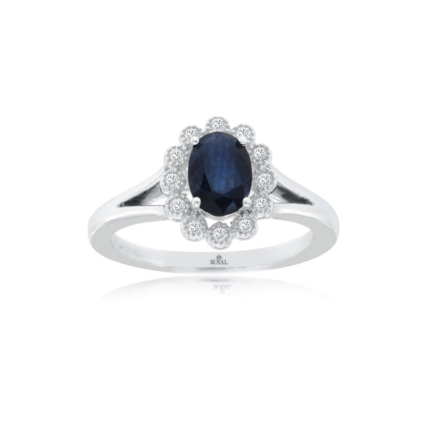 14K White Gold 1ct Oval Sapphire Ring with Scalloped Diamond Halo. Bichsel Jewelry in Sedalia, MO. Shop gold and diamond necklaces online or in-store today! Free ring sizing.