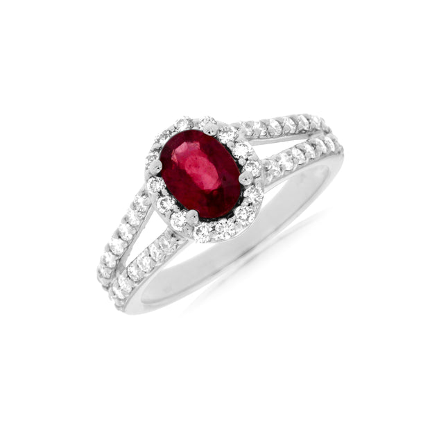 14K White Gold 0.90ct Ruby Ring with 0.65ct Round Diamond Halo & Side Diamonds. Bichsel Jewelry in Sedalia, MO. Shop rings online or in-store today! Free ring sizing.