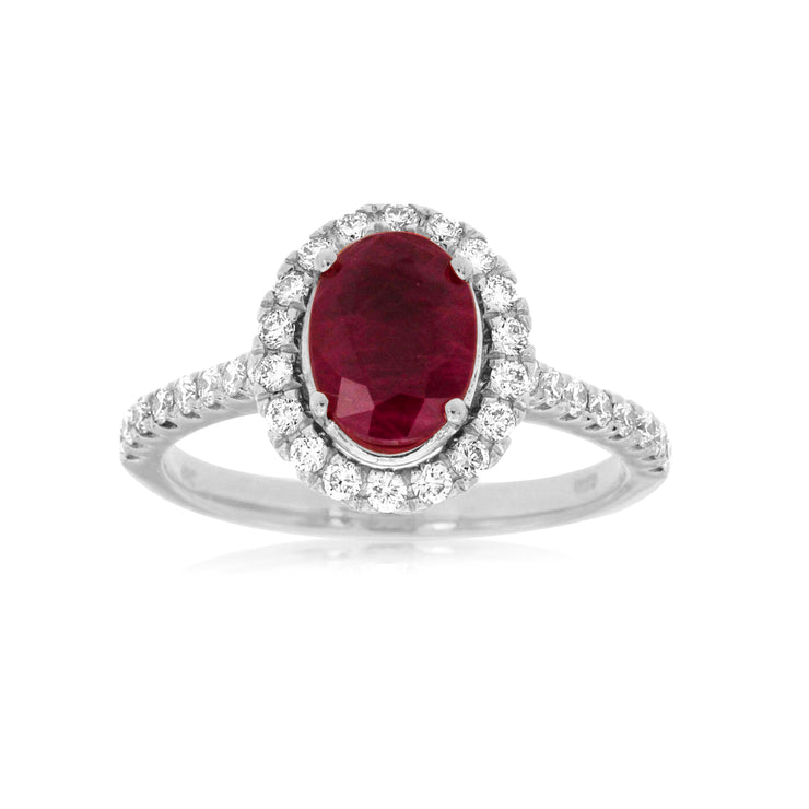 14K White Gold 1.20ct Oval Ruby Ring with 0.50ct Diamond Halo & Side Diamonds. Bichsel Jewelry in Sedalia, MO. Shop rings online or in-store today! Free ring sizing.