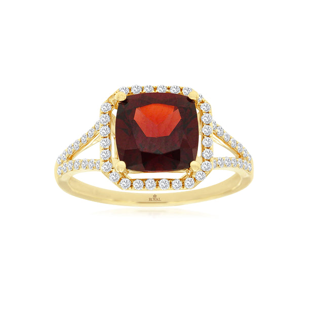 14K Yellow Gold Cushion Cut Garnet Split Shank Ring with Diamond Halo & Side Diamonds. Bichsel Jewelry in Sedalia, MO. Shop rings online or in-store! Free ring sizing.
