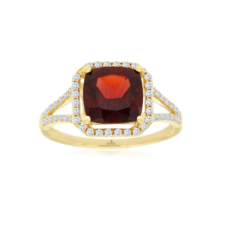 14K Yellow Gold Cushion Cut Garnet Split Shank Ring with Diamond Halo & Side Diamonds. Bichsel Jewelry in Sedalia, MO. Shop rings online or in-store! Free ring sizing.