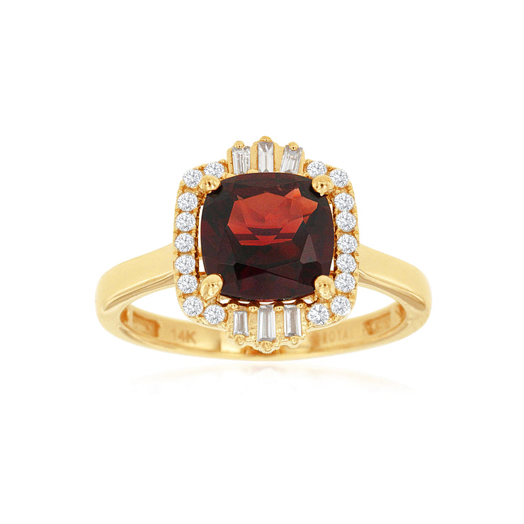 14K Yellow Gold Cushion Cut Garnet Ring with Diamond Ballerina Halo. Bichsel Jewelry in Sedalia, MO. Shop gemstone rings online or in-store today! Free ring sizing.