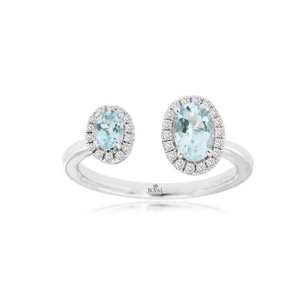 14K White Gold Open 0.55ct Oval Aquamarine Ring with Round Diamond Halos. Bichsel Jewelry in Sedalia, MO. Shop gemstone rings online or in-store! Free ring sizing.