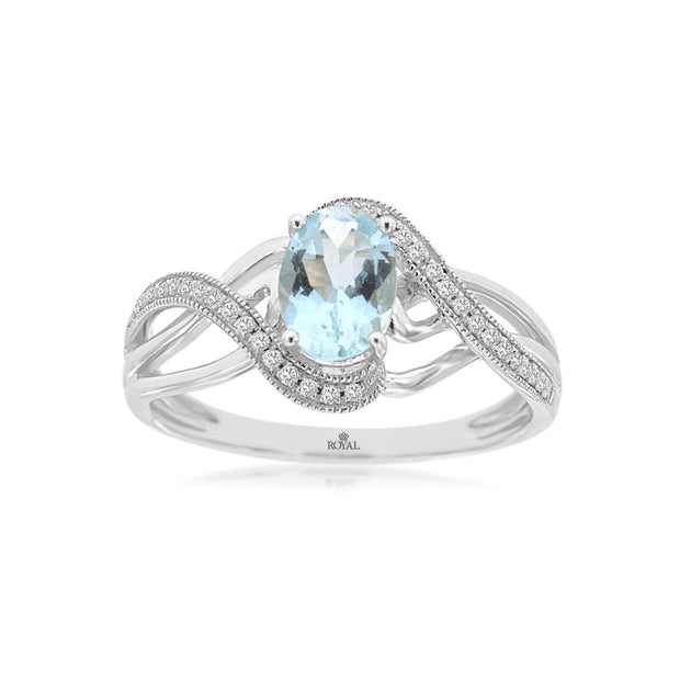 14K White Gold 0.67ct Oval Aquamarine Crossover Ring with Diamond Accents. Bichsel Jewelry in Sedalia, MO. Shop gemstone rings online or in-store! 