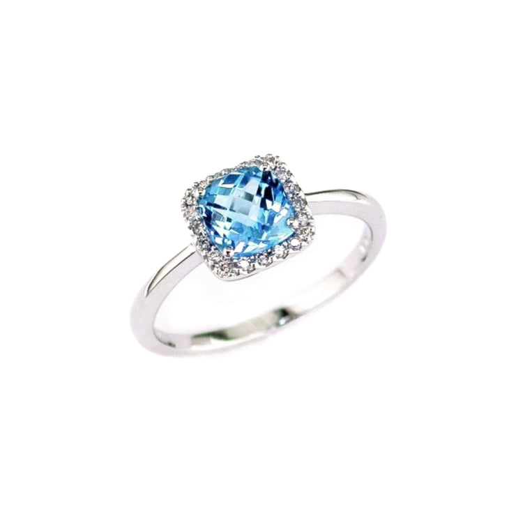 14K White Gold 1.30ct Cushion Cut Blue Topaz Ring with Round Diamond Halo. Bichsel Jewelry in Sedalia, MO. Shop gemstone rings online or in-store today!