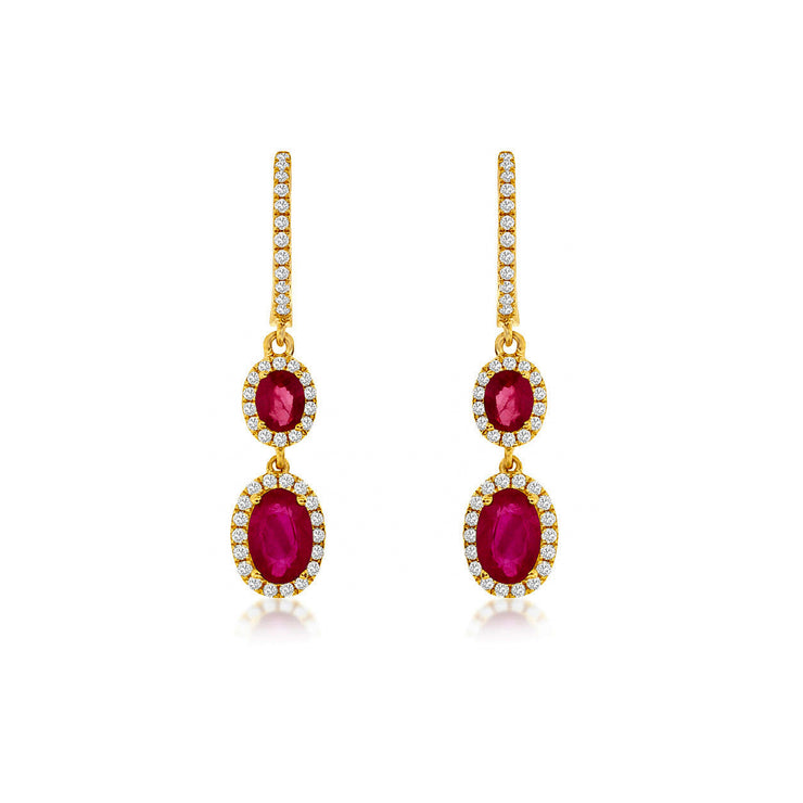 14K Yellow Gold Hoop Earrings with 1.52ct Ruby & 0.30ct Diamond Dangles. Bichsel Jewelry in Sedalia, MO. Shop gemstone earrings online or in-store today!  