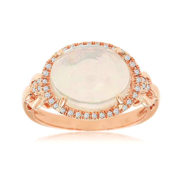 14K Rose Gold 3.00ct East-West Oval Opal Ring with Diamond Halo. Bichsel Jewelry in Sedalia, MO. Shop gemstone rings online or in-store today!