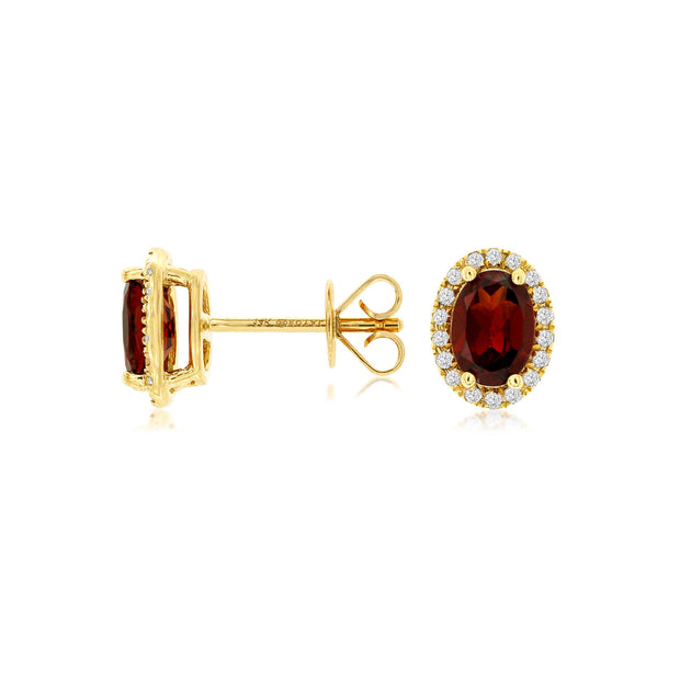 14K Yellow Gold 1.80ct Oval Garnet Stud Earrings with Diamond Halos. Bichsel Jewelry in Sedalia, MO. Shop gemstone earrings online or in-store today!