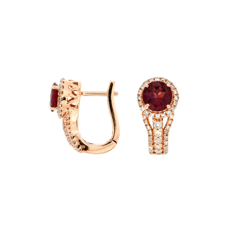 14K Rose Gold Round 1.40ct Rhodolite Garnet & Diamond Hoop Earrings. Bichsel Jewelry in Sedalia, MO. Shop gemstone earrings online or in-store today!