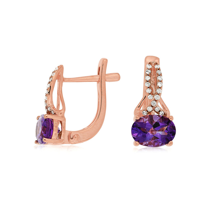 14K Rose Gold 1.45ct Oval Amethyst & Diamond Twist Huggie Hoop Earrings. Bichsel Jewelry in Sedalia, MO. Shop gemstone earrings online or in-store today! 