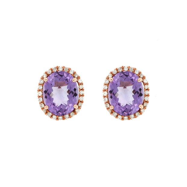 14K Rose Gold 4.40ct Oval Amethyst Stud Earrings with Diamond Halos. Bichsel Jewelry in Sedalia, MO. Shop gemstone earrings online or in-store today!