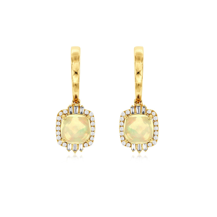 14K Yellow Gold Huggie Hoop Earrings with Opal Drop & Diamond Ballerina Halos. Bichsel Jewelry in Sedalia, MO. Shop styles online or in-store today! 