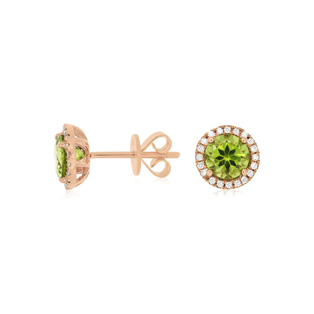 14K Rose Gold Round 1.90ct Peridot Stud Earrings with Diamond Halos. Bichsel Jewelry in Sedalia, MO. Shop gemstone earrings online or in-store today!