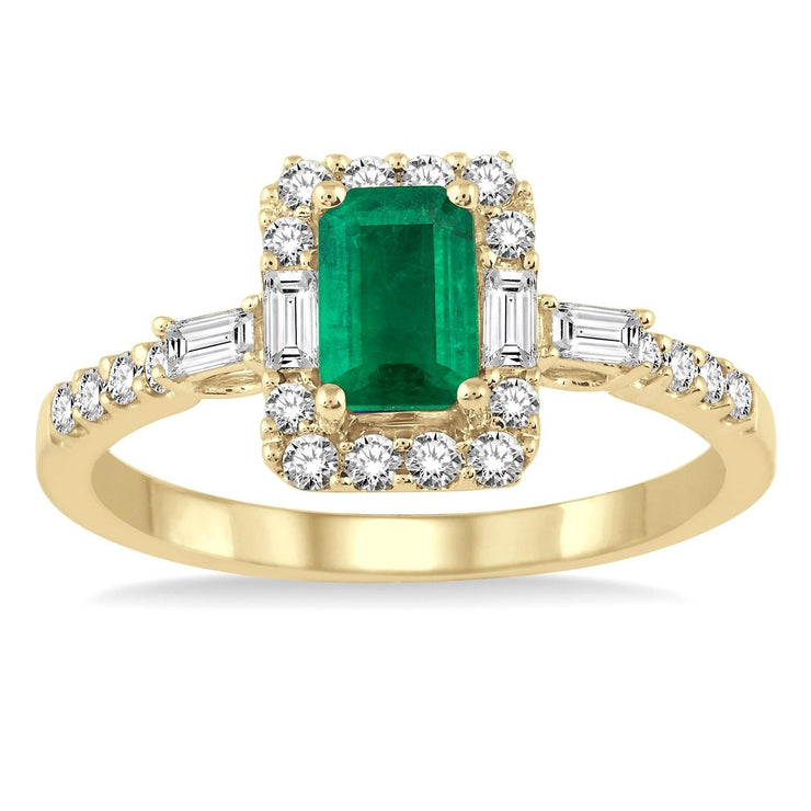14K Yellow Gold Emerald Ring with Diamond Halo & Accent Stones