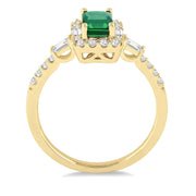 14K Yellow Gold Emerald Ring with Diamond Halo & Accent Stones