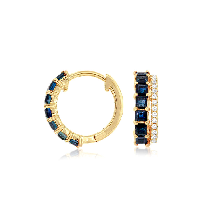 14K Yellow Gold Blue Sapphire & Diamond Huggie Hoop Earrings. Bichsel Jewelry in Sedalia, MO. Shop gemstone & diamond earrings online or in-store today! 