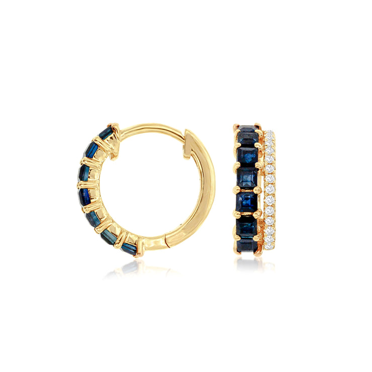 14K Yellow Gold Blue Sapphire & Diamond Huggie Hoop Earrings. Bichsel Jewelry in Sedalia, MO. Shop gemstone & diamond earrings online or in-store today! 