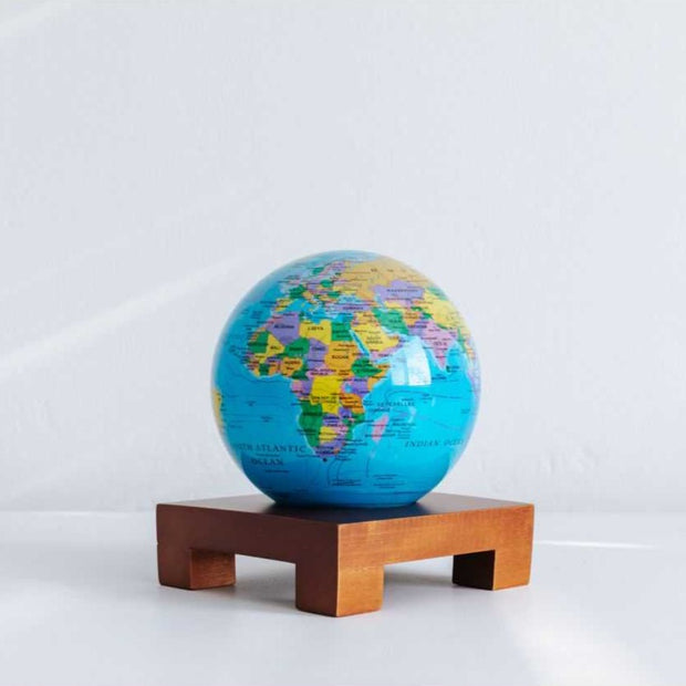 Blue Political World Map MOVA 4.5" Globe with Acrylic Base. Powered by Solar Ambient Light & Magnets. No cords or batteries needed. Shop online or in-store today!