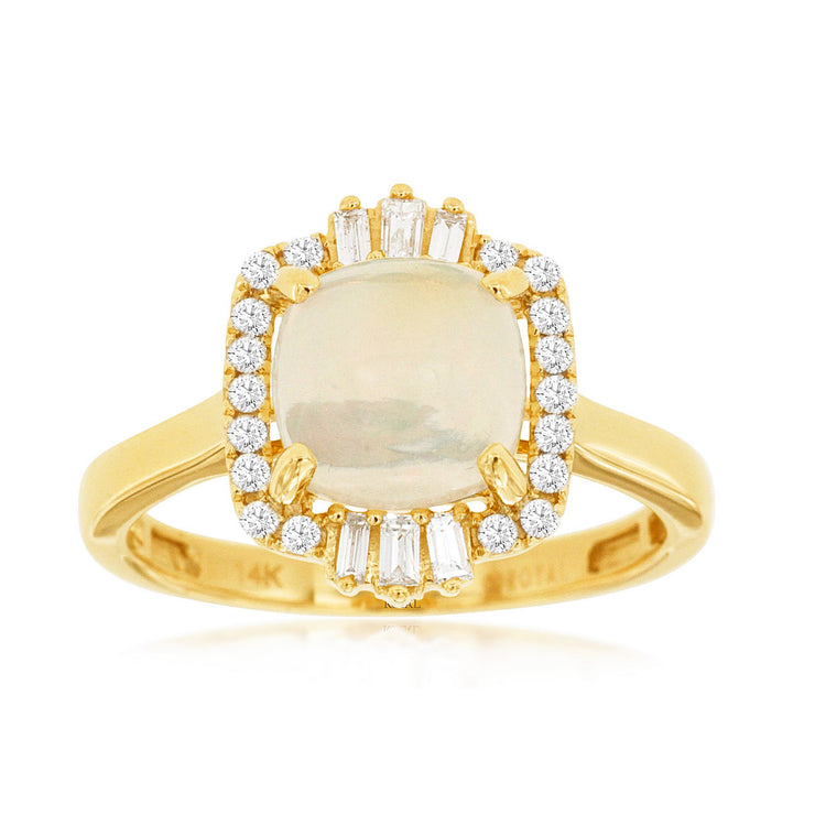 14K Yellow Gold 1.40ct Cushion Cut Opal Ring with Diamond Ballerina Halo. Bichsel Jewelry in Sedalia, MO. Shop gemstone rings online or in-store today!