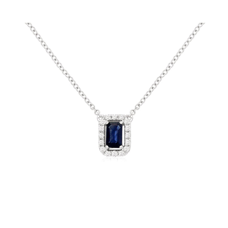14K White Gold 0.37ct Emerald Cut Blue Sapphire Necklace with Round Diamond Halo. Bichsel Jewelry in Sedalia, MO. Shop online or in-store today! 