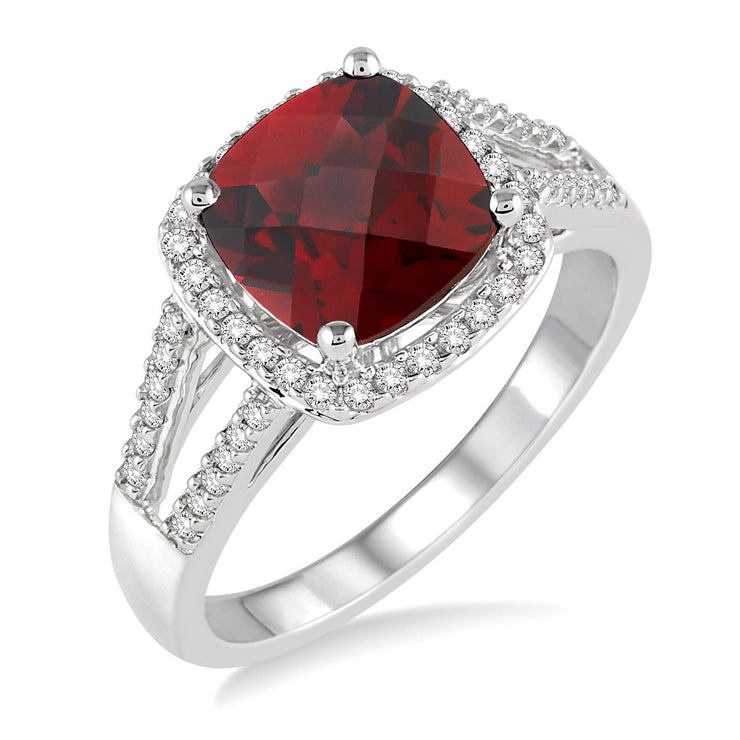 10K White Gold Cushion Cut Garnet Ring with Diamond Halo & Diamond Side Stones