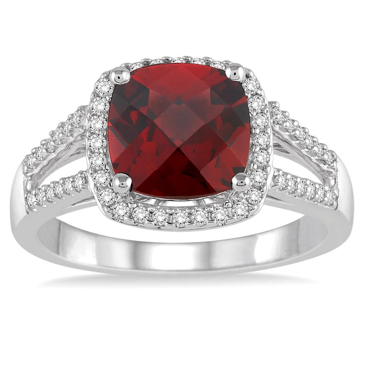 10K White Gold Cushion Cut Garnet Ring with Diamond Halo & Diamond Side Stones