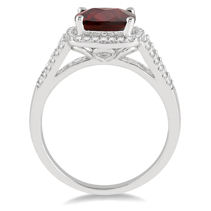10K White Gold Cushion Cut Garnet Ring with Diamond Halo & Diamond Side Stones