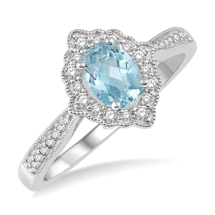 10K White Gold Oval Aquamarine Ring with Diamond Halo & Accent Stones