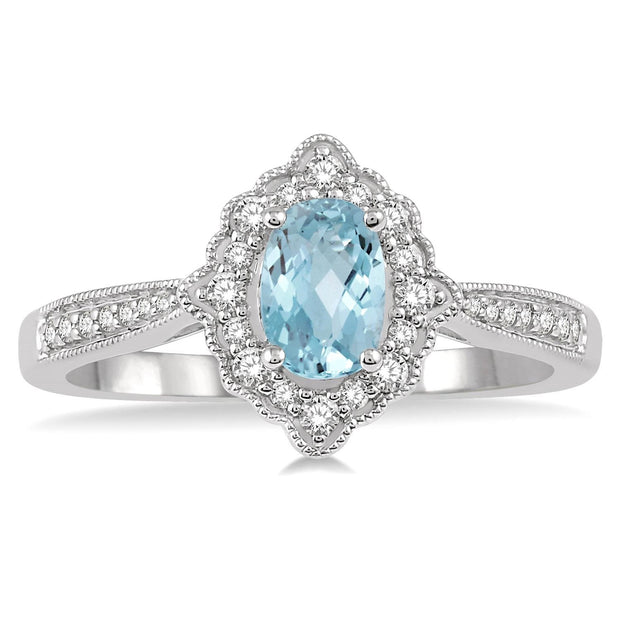 10K White Gold Oval Aquamarine Ring with Diamond Halo & Accent Stones