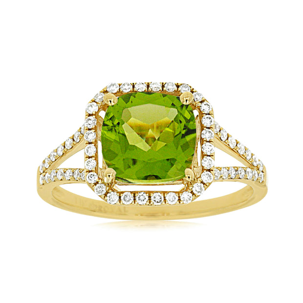 14K Yellow Gold 2.25ct Cushion Cut Peridot Split Shank Ring with Accent Diamonds. Bichsel Jewelry in Sedalia, MO. Shop gemstone rings online or in-store today!