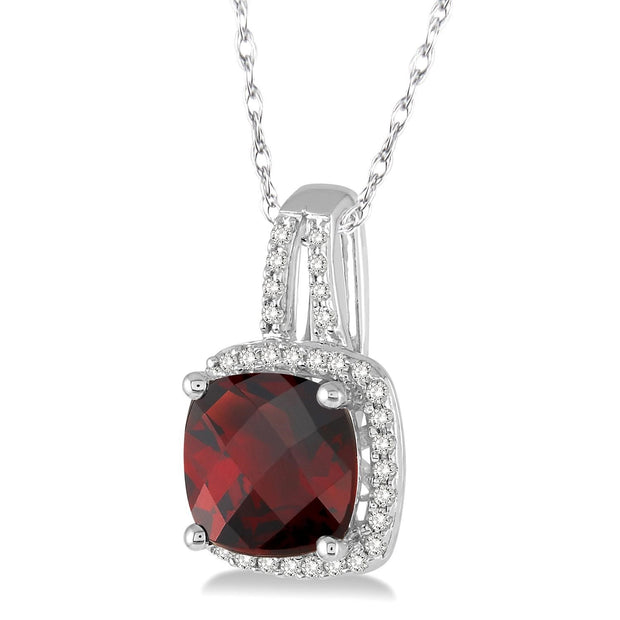 White Gold Garnet Pendant with Diamond Halo