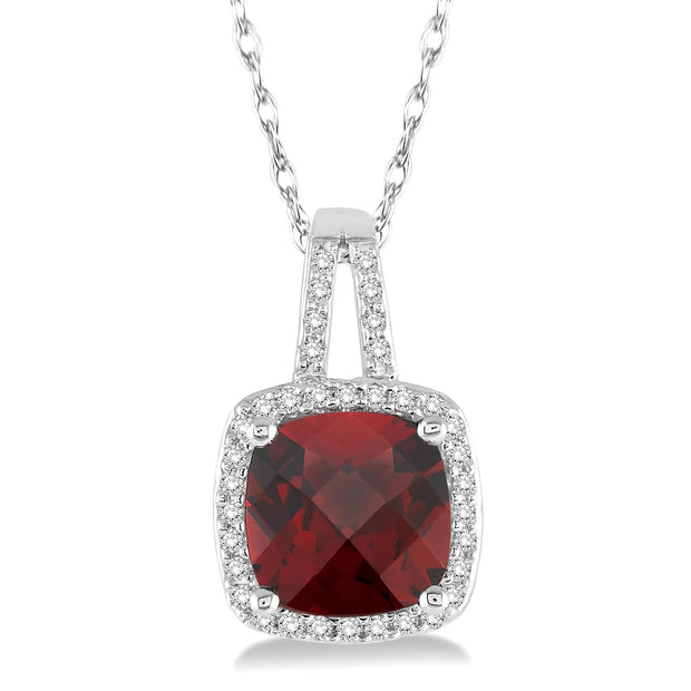 White Gold Garnet Pendant with Diamond Halo