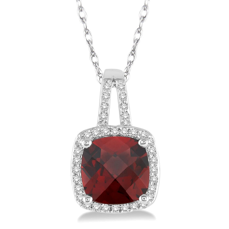 White Gold Garnet Pendant with Diamond Halo