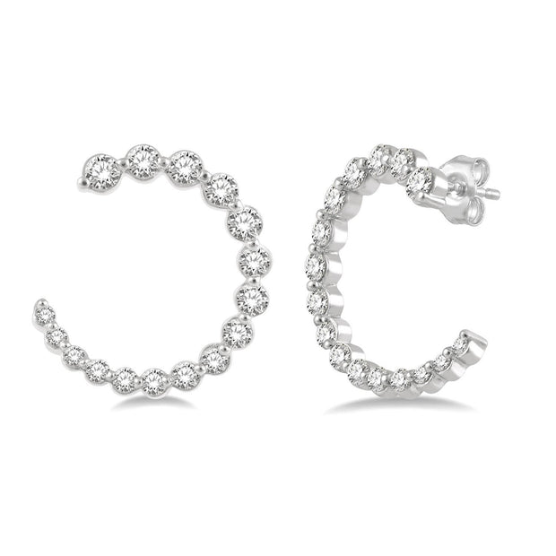 14K White Gold Graduated Diamond Open Hoop Earrings