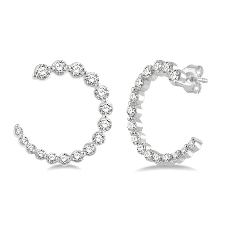 14K White Gold Graduated Diamond Open Hoop Earrings