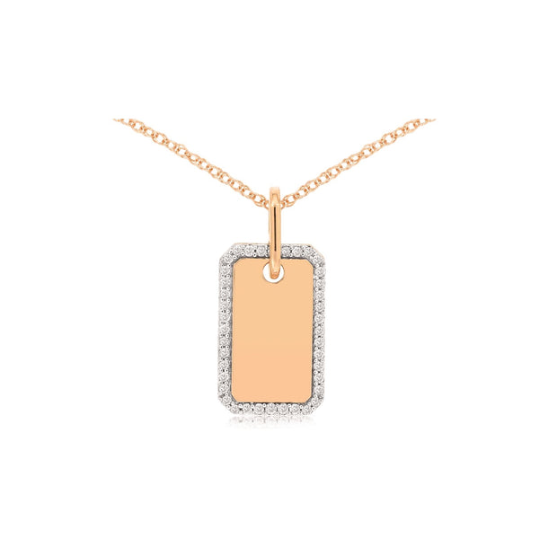14K Rose Gold Tag Necklace with 0.16ct Round Diamond Halo. Bichsel Jewelry in Sedalia, MO. Shop gold and diamond necklaces online or in-store today!