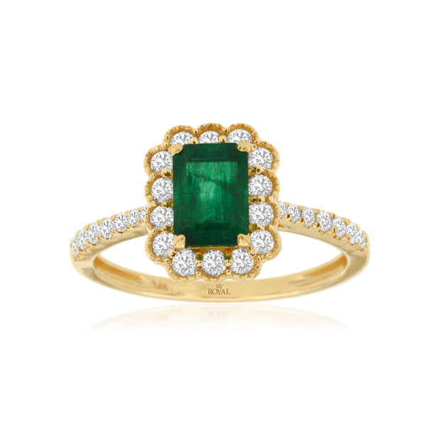 14K Yellow Gold 1ct Emerald Gemstone Ring with Scalloped 0.48ct Diamond Halo & Side Diamonds. Bichsel Jewelry in Sedalia, MO. Shop rings online or in-store today!